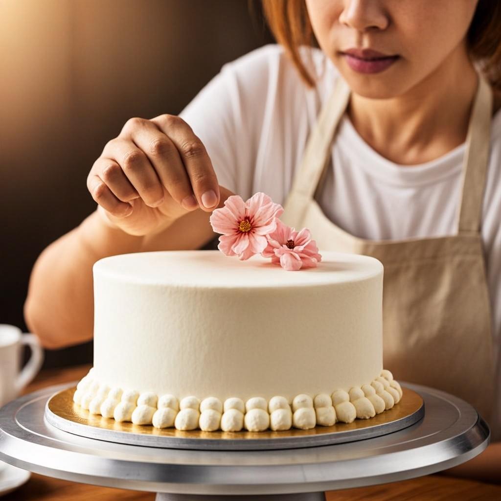 Pastelera artesanal de Dulce Sinfonía decorando a mano una torta de boda con flores de azúcar rosas