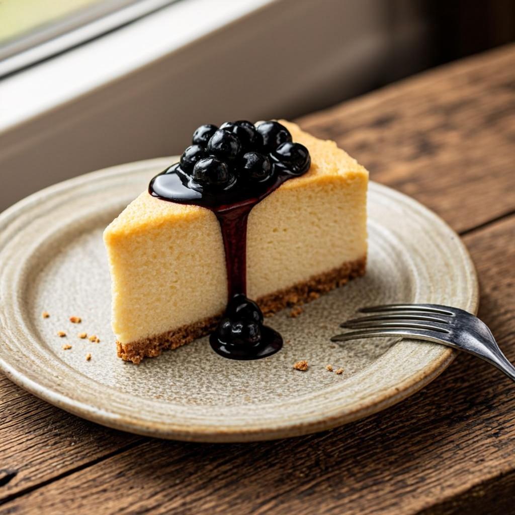 Porción de cheesecake neoyorquino con compota de arándanos azules sobre plato vintage, base de galleta visible, tenedor al lado, Dulce Sinfonía