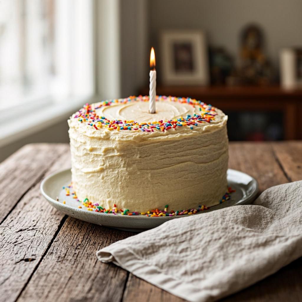 Torta simple de vainilla con buttercream y sprinkles, vela, sobre mesa de madera con servilleta de lino, cumpleaños infantil, Dulce Sinfonía