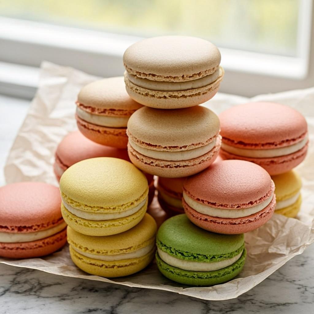 Torre de macarons franceses en colores pastel: rosa, crema, verde y amarillo, sobre papel pergamino y superficie de mármol, Dulce Sinfonía