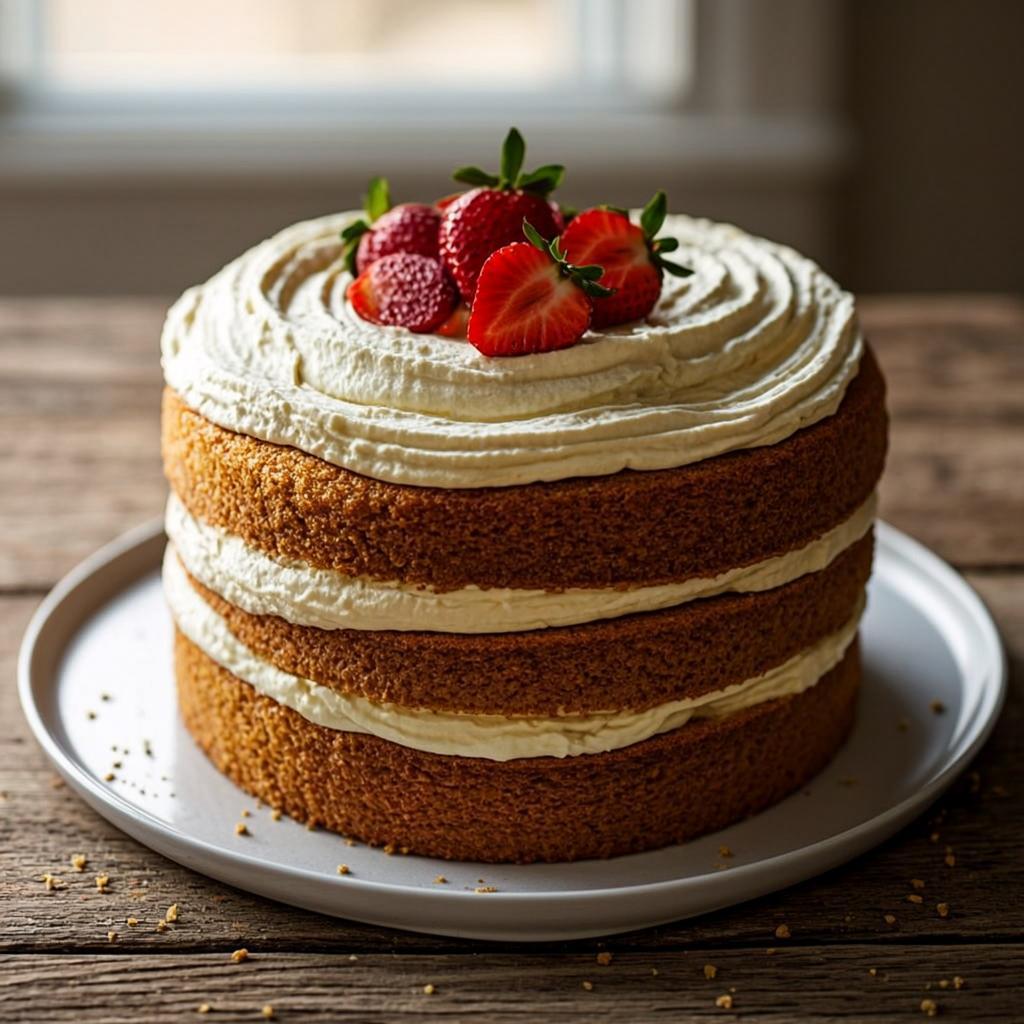 Torta naked de un piso con crema chantilly y frutillas frescas, sobre plato cerámico blanco y mesa rústica de madera, estilo rústico real, Dulce Sinfonía