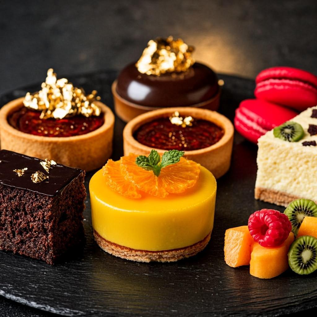 Mini postres premium para eventos: tarta de chocolate, fruit tartlet, creme brulee, cheesecake y macarons con hojas de oro