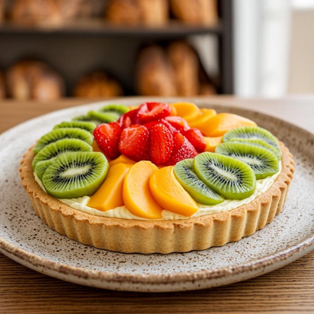 Tarta de frutas frescas con crema pastelera y rodajas de kiwi, frutilla y durazno en círculos, sobre plato cerámico rústico, Dulce Sinfonía