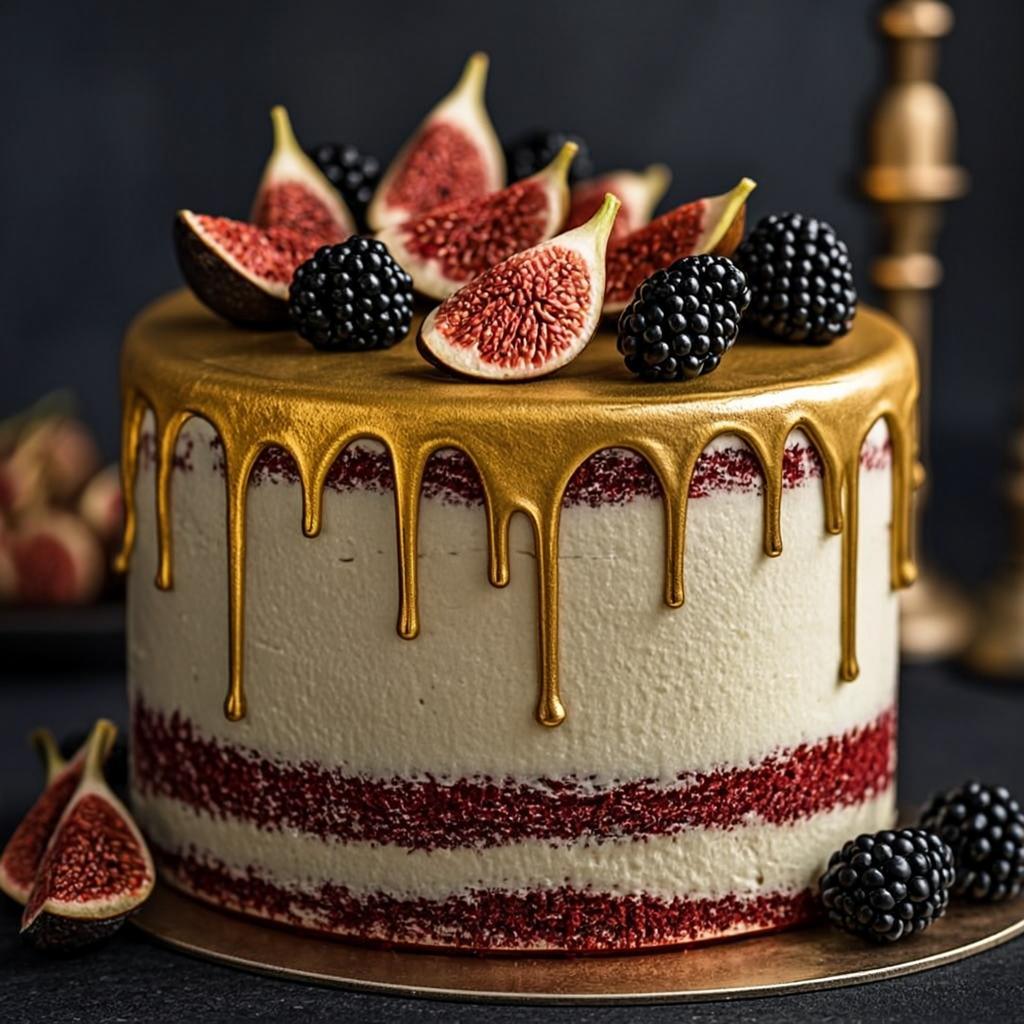 Torta de cumpleaños elegante de adulto, red velvet con drip dorado, higos y moras, Dulce Sinfonía