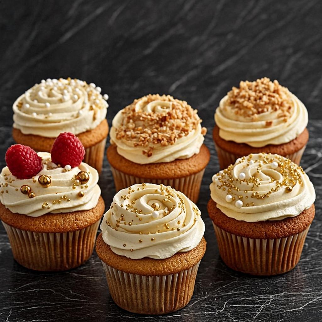 Cupcakes premium con buttercream en tonos crema y dorado, perlitas de oro y frambuesas, Dulce Sinfonía