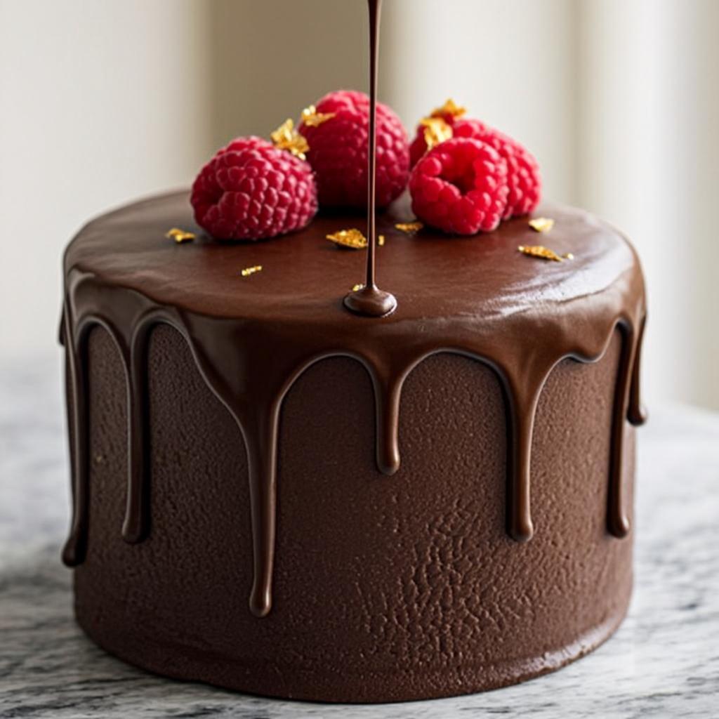 Torta de chocolate con drip de ganache bajando por los bordes, un piso, frambuesas frescas y hoja de oro, sobre mármol, Dulce Sinfonía