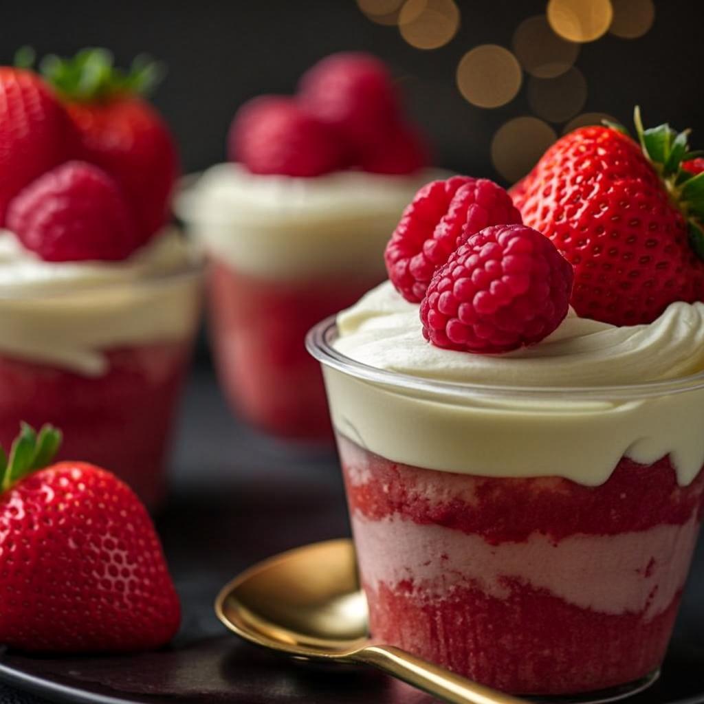 Postre individual de mousse de frutos rojos con crema de vainilla, fresas y frambuesas frescas, Dulce Sinfonía