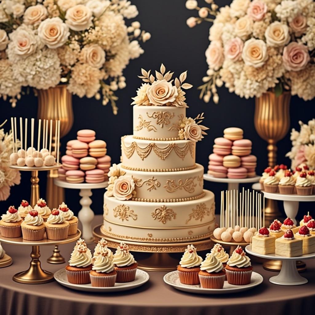 Mesa dulce completa para boda: tortas, macarons, cupcakes, cake pops y mini tartas con decoración dorada y floral